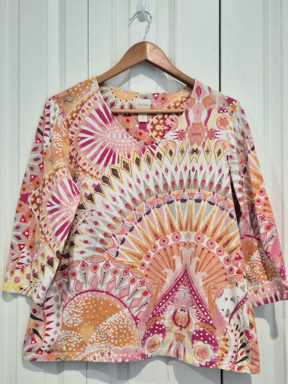 Chico's Vibrant Mosaic Mandala Print Knit Top - Size 2 (US 12) Lg